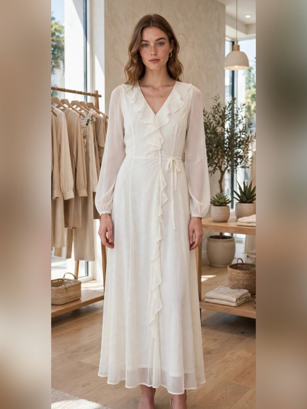 HYFVE White Maxi Dress Ruffle V-Neck Sheer Long Sleeve Tie Waist NWT M